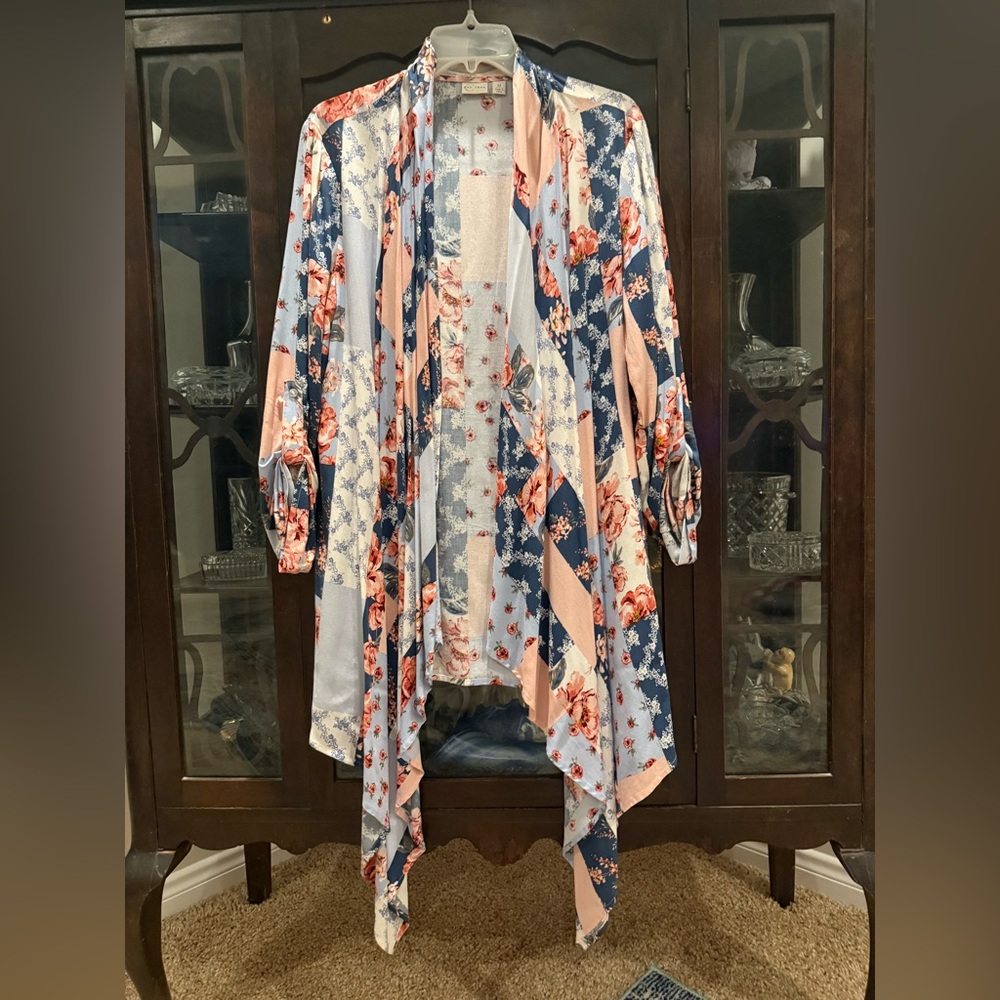 Floral Open Front Kimono Cardigan Boho Lightweight Medium Pink Blue